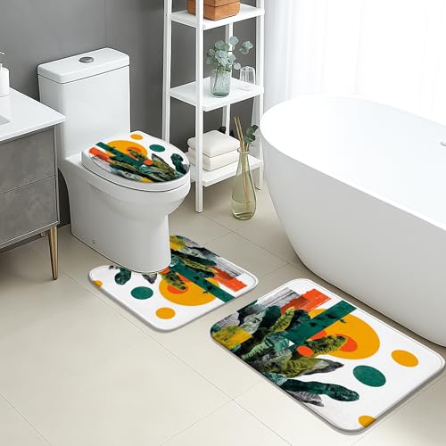 Kaktus-Badematten-Set, 3-teilig, moderne abstrakte Kunst, grüne Pflanzen, saugfähig, rutschfest, WC-Vorleger, U-förmig, waschbar, Sommer-Heimdekoration, schnell trocknend, Memory-Schaum von Generic