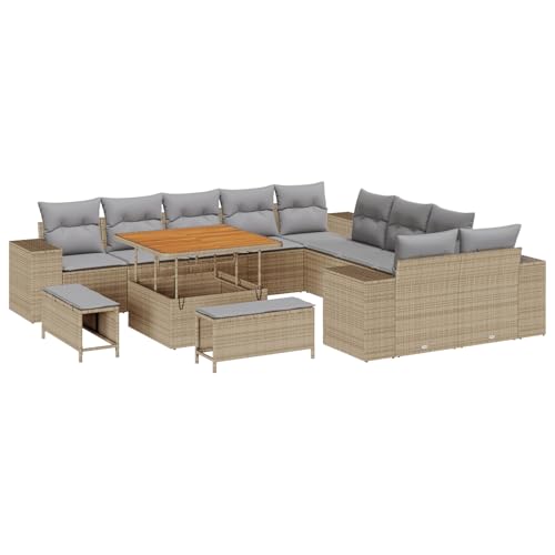 Kangmusi 13-teiliges Garten-Sofa mit Kissen Beige Poly-Rattan Akazie, 3-teilige Garten-Essgruppe mit Kissen Beige Poly-Rattan Akazie,3362057 von Generic