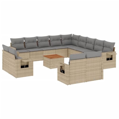 Kangmusi 14-TLG. Garten-Sofagarnitur mit Kissen Beige Poly Rattan, Beige 3224841 von Generic