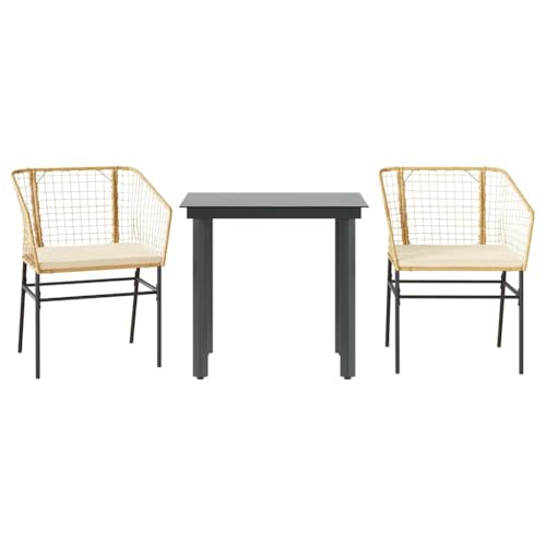 Kangmusi 3-TLG. Garten-Essgruppe mit Kissen Braun Poly Rattan Glas,3334604 von Generic