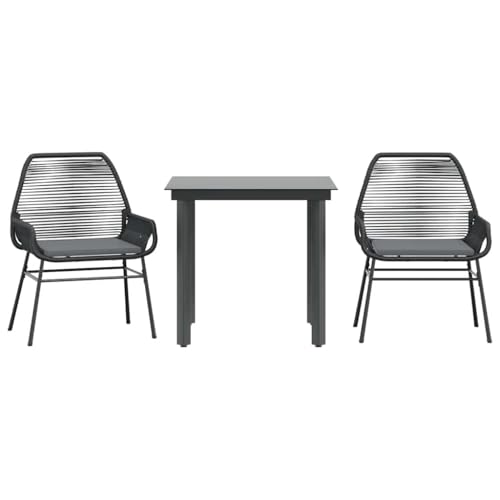 Kangmusi 3-TLG. Garten-Essgruppe mit Kissen Schwarz Poly Rattan Glas,3334562 von Generic