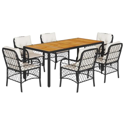 Kangmusi 7-TLG. Garten-Essgruppe mit Kissen Schwarz Poly Rattan, Schwarz 3212040 von Generic
