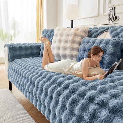 Kaninchen Plüsch Sofabezug L Form 1/2/3/4 Sitzer Sofa Überzug Superweiche SofaÜberwurf aus Kunstpelz Ecksofa U Form, Universelle rutschfeste Sofaschoner, für Wohnzimmer(Blue,90x120cm) von Generic
