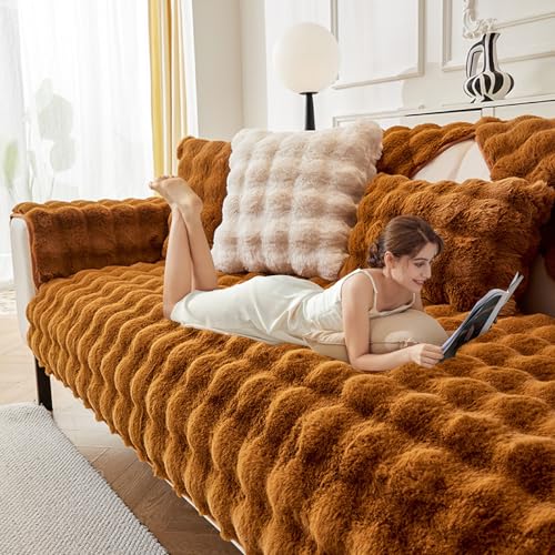 Kaninchen Plüsch Sofabezug L Form 1/2/3/4 Sitzer Sofa Überzug Superweiche SofaÜberwurf aus Kunstpelz Ecksofa U Form, Universelle rutschfeste Sofaschoner, für Wohnzimmer(Brown,110x110cm) von Generic