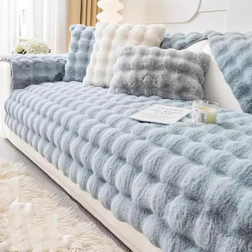 Kaninchen Plüsch Sofabezug für Ecksofa L/U-Form, Weicher Flauschiger Antirutsch Überzug für 1/2/3/4 Sitzer, Waschbar & Haustierfreundlich für Hund und Katze(Blue,90 * 160cm/35.4 * 63in) von Generic