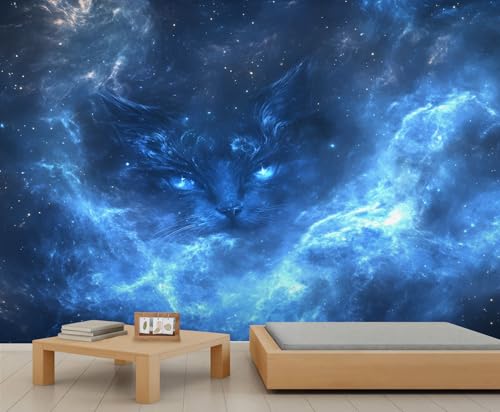 Katzen Tapete Kosmischer Nebel Wandbilder für Wände Tiefblauer Sternenhimmel Abstrakte Tiertapete für Schlafzimmer Wohnzimmer Poster 490 X 350 cm von Generic