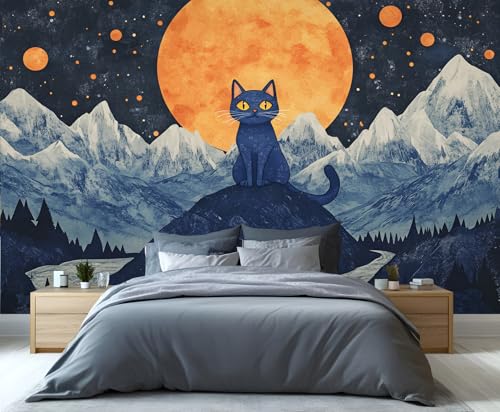 Katzen Wandbild Bergtapete Orangefarbener Mond Wandtapete Abstrakter Sternenhimmel Wandpapier für Schlafzimmer Wohnzimmer Poster 490 X 350 cm von Generic
