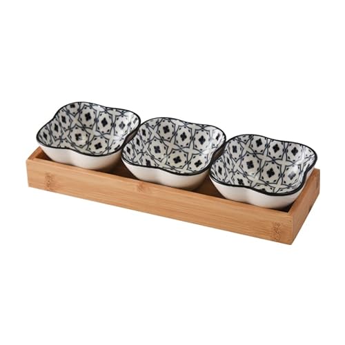 Keramik Servierschalen Set 3er Dip Schälchen mit Bambus Servierplatte, Ideal für Tapas, Antipasti, Sushi,Raclette oder Fondue (GB6002) von Generic