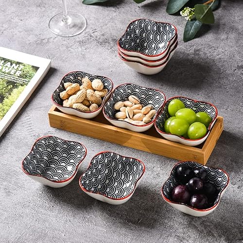 Keramik Servierschalen Set 3er Dip Schälchen mit Bambus Servierplatte, Ideal für Tapas, Antipasti, Sushi,Raclette oder Fondue (GB6006) von Generic