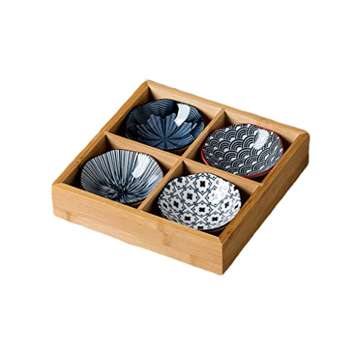 Keramik Servierschalen Set 4er Dip Schälchen mit Bambus Servierplatte, Ideal für Tapas, Antipasti, Sushi,Raclette oder Fondue (GB6014) von Generic