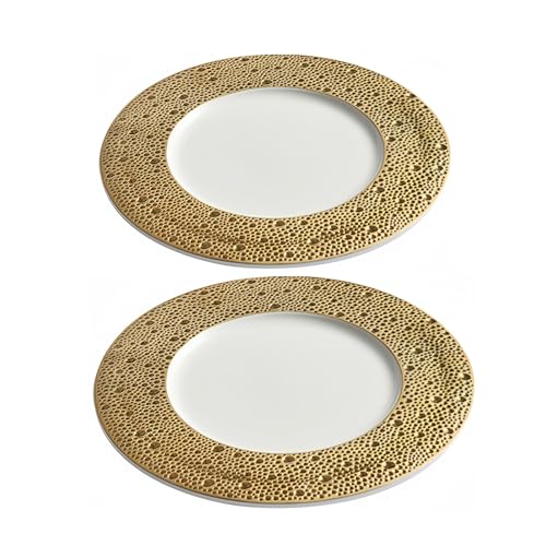 Keramik-Speiseteller, Porzellan, geprägt, flache Teller mit Goldrand, hochglänzende Glasur, reinweiß, Essgeschirr für Steak, Restaurant, Küche (gold, 7inch 2pcs) von Generic