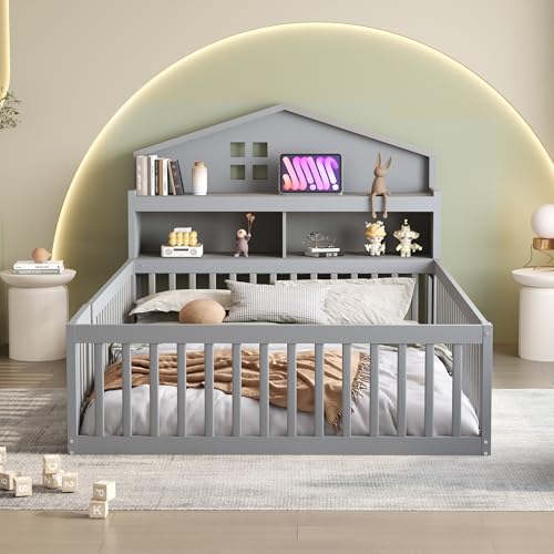 Kinderbett 140 x 200 cm mit Schutzgitter und Tür Hausbett mit Einlegeböden und Stauraum Bodenbett mit Bilderleiste Einzelbett mit Massivholz Lattenrost Grau von Generic
