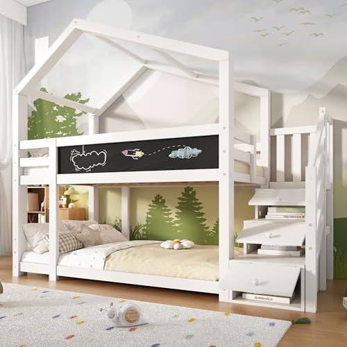 Kinderbett Baumhaus Etagenbett mit Rausfallschutz, Aufbewahrung und Leiter, Dachform mit Tafel, stabile Konstruktion für Kinderzimmer und Geschwister von Generic