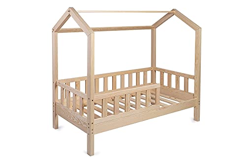 Kinderbett Bett Hausbett 70x160 mit Rausfallschutz Lattenrost Bettgestell aus Kiefer Holz für Haus Kinder Jungen & Mädchen - Holzbett Baby Kinderzimmer Junge Deko (Rausfallschutz: MIT) von Generic