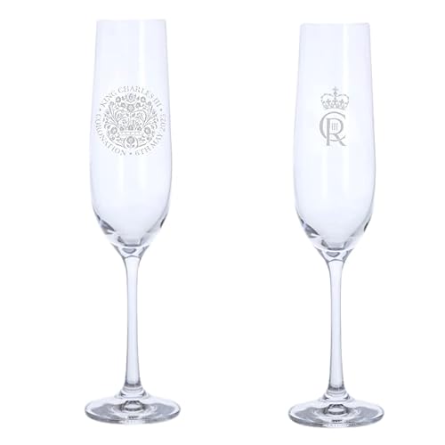 King Charles III Coronation Dartington Champagnerglas mit Gravur auf Vorder- und Rückseite, königliche Erinnerungsstücke von Generic