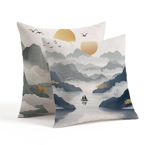 Kissenbezug 35x35cm Weiß kissenbezüge Landschaft Beidseitiger Druck Zierkissen 2er Set Quadrat Leinen Sofakissen mit Verstecktem Reißverschluss Outdoorkissen für Deko Schlafzimmer Geschenke 1Z-782 von Generic
