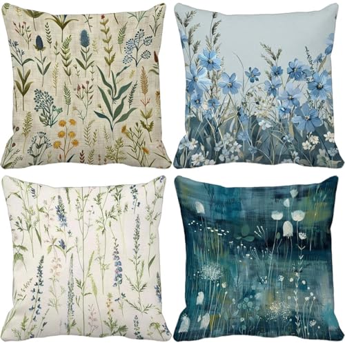 Kissenbezug 40 x 40 cm 4er Set, Weicher Samt Sofakissen Wildblumen, Retro HD Doppelseitiger Druck Deko Kissen Mit Verstecktem Reißverschluss, Kissen Deko fürs Wohnzimmer Schlafzimmer Auto -TL25060G von Generic