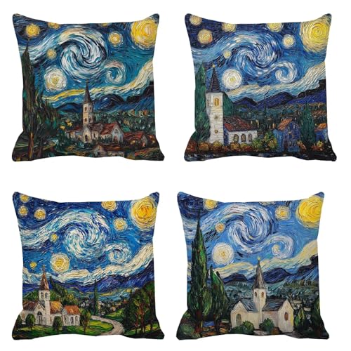 Kissenbezug 45x45 4er Set Sofakissen Haus Kopfkissenbezug Blau Dekokissen Leinen Kissenbezüge, Zierkissen Sofa Kissen Wetterfeste Kissen Outdoor Pillow Cover für Wohnzimmer Balkon Deko t-104 von Generic