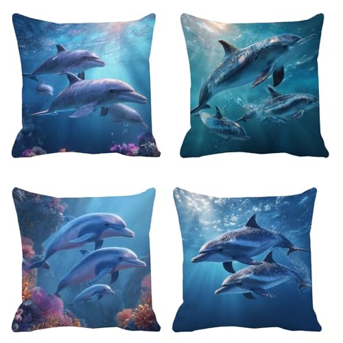 Kissenbezug 55x55 4er Set Sofakissen Delfine Kopfkissenbezug Blau Dekokissen Leinen Kissenbezüge, Zierkissen Sofa Kissen Wetterfeste Kissen Outdoor Pillow Cover für Wohnzimmer Balkon Deko t-172 von Generic
