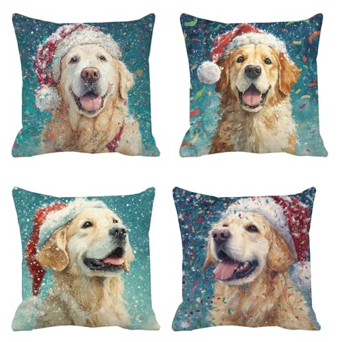 Kissenbezug 55x55 4er Set Sofakissen Hund Kopfkissenbezug Schnee Dekokissen Leinen Kissenbezüge, Zierkissen Sofa Kissen Wetterfeste Kissen Outdoor Pillow Cover für Wohnzimmer Balkon Deko t-150 von Generic