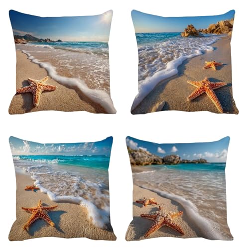 Kissenbezug 75x75 4er Set Sofakissen Aussicht Kopfkissenbezug Strand Dekokissen Leinen Kissenbezüge, Zierkissen Sofa Kissen Wetterfeste Kissen Outdoor Pillow Cover für Wohnzimmer Balkon Deko t-177 von Generic