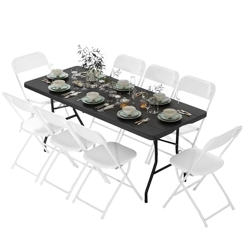 Klappbarer Picknicktisch mit schwarzer Holzmaserung, 1,8 m, mit 8 weißen Stühlen, tragbares Esstisch-Set für den Hinterhof, kommerzielle Verwendung, Outdoor-Events, Partys, Camping von Generic