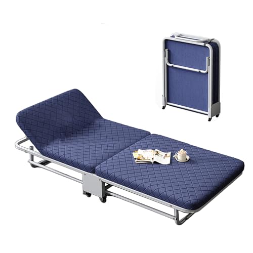 Klappbett mit Matratze Verdickte Stahlrohrstruktur Rückenlehne in 5 Positionen Verstellbar mit Rädern für Camping, Büro, Schlafzimmer(Blue,188 * 95 * 28cm) von Generic