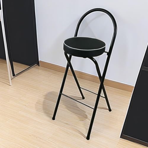 Klapphocker Gartenstuhl Metall Klappbare Frühstücks-barhocker Mit Rückenlehne, 11,8" Runder Komfort Gepolsterter Faltbarer Hocker Für ESS- Und Wohnzimmer, Black, 25.6"/65cm von Generic