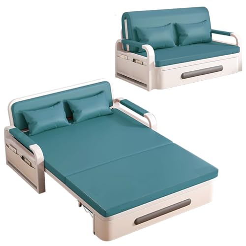 Klappsofa mit Schlaffunktion Leder Gästebett mit Stauraum Rahmen Aus Karbonstahl Wohnzimmer Sofa mit Rollen 7 cm Dicker Schaumstoff für Zuhause, Büro(Blue,192 * 128 * 65cm) von Generic