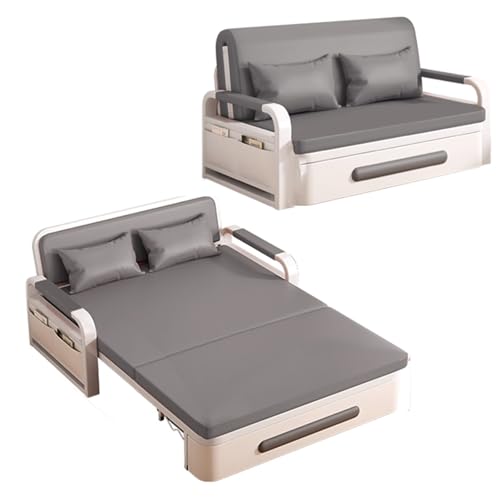 Klappsofa mit Schlaffunktion Leder Gästebett mit Stauraum Rahmen Aus Karbonstahl Wohnzimmer Sofa mit Rollen 7 cm Dicker Schaumstoff für Zuhause, Büro(Gray,192 * 128 * 65cm) von Generic