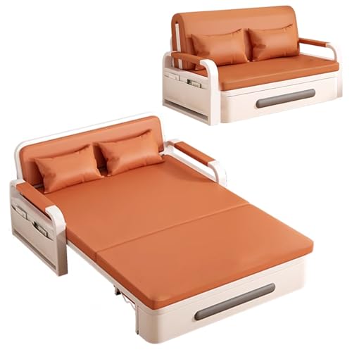 Klappsofa mit Schlaffunktion Leder Gästebett mit Stauraum Rahmen Aus Karbonstahl Wohnzimmer Sofa mit Rollen 7 cm Dicker Schaumstoff für Zuhause, Büro(Orange,192 * 128 * 65cm) von Generic