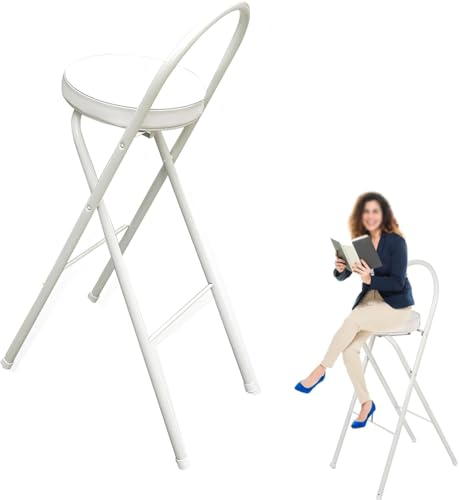 Klappstuhl Frühstück Küchenhocker Weiß Rund Gepolstert 70 cm, 60 cm Thekenhöhe Klappbarer Hocker Mit Fußstütze, Tragbarer Faltbarer Barhocker Aus Metall Für Erwac, White, 60cm/24in von Generic