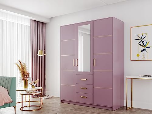 Kleiderschrank - Bali II D3 Tür, Garderobenschrank, Schlafzimmermöbel, Schlafzimmer (Pflaume/Pflaume + Spiegel) von Generic
