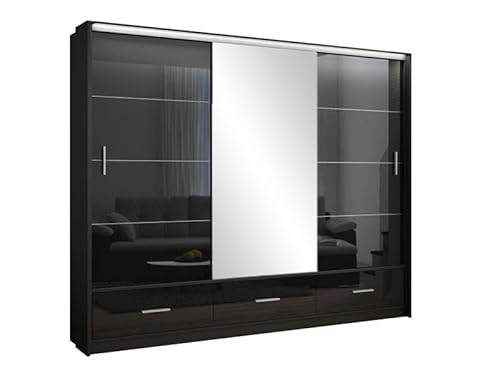 Kleiderschrank SYLIA, 250 cm Tür, Garderobenschrank, Schlafzimmermöbel, Schlafzimmer (Schwarz/Schwarz + Spiegel) von Generic