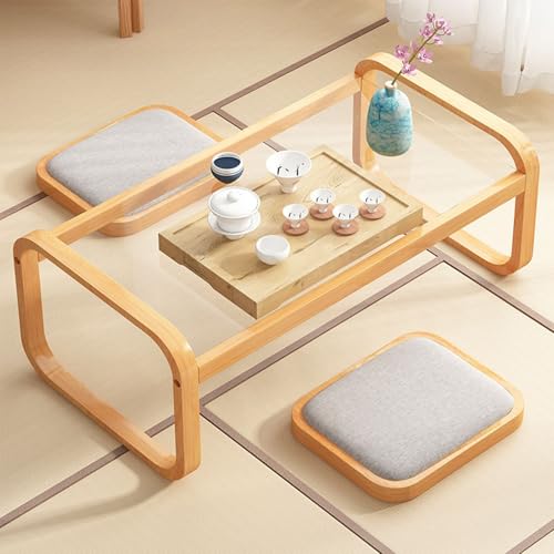 Kleiner Couchtisch for Das Wohnzimmer, Tatami-Couchtisch, Bambus Kombiniert Mit Gehärtetem Glas, Modern und Schön, Geeignet for Wohnzimmer, Esszimmer, Büro(Yellow,60cm) von Generic