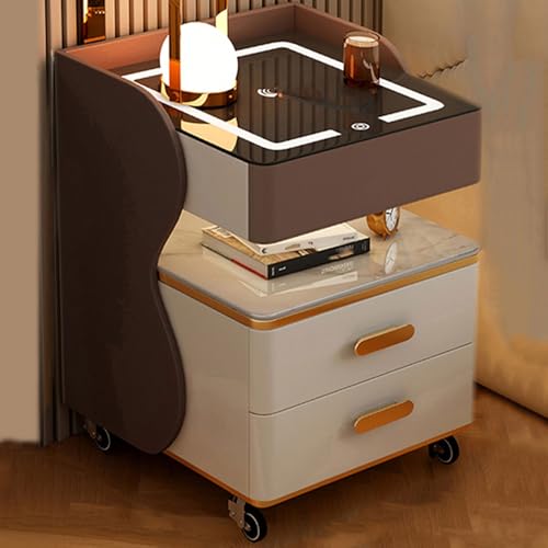 Kleiner Nachttisch Aus Massivholz Und Mikrofaserleder Unteres Universalraddesign Intelligenter Nachttisch Mit Kabelloses Aufladen Und 3-Farben-Licht(White,40 * 40 * 60CM) von Generic