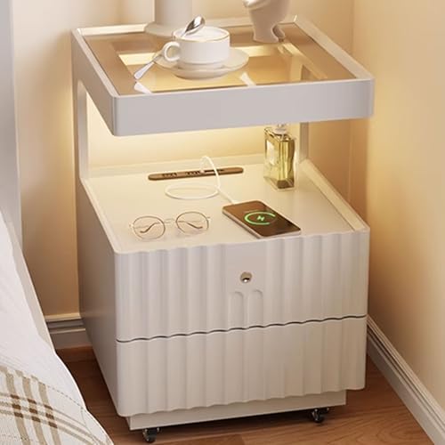 Kleiner Nachttisch Mit Universalrad Bedside Tables Wood Keine Montage Erforderlich Gehärtete Glasplatte Mit Schloss Und Sensor-Lichtleiste Für Wohnzimmer(White) von Generic