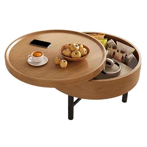 Kleiner Retro Beistelltisch Rund mit Drehbarer Tischplatte Wohnzimmer Couchtisch mit Stauraum Moderner Schwarzer Bodentisch Wohnzimmertisch für Häuser, Büros(Natural,70 * 70 * 43.5cm) von Generic