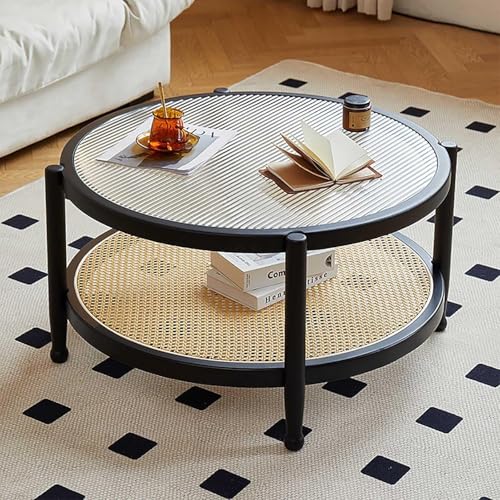 Kleiner Runder Couchtisch Mit Ablage - Moderner Tisch Aus Holz Und Rattan Im Landhausstil Für Das Wohnzimmer - Einfache Montage Der Glasplatte - Circle Design, Black von Generic