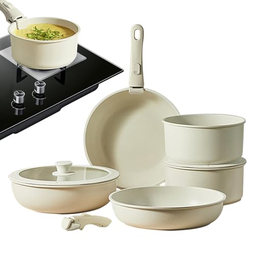 Kochtopf-Set, sicheres Kochgeschirr-Set | Kochtöpfe zum Kochen, abnehmbarer Griff cremeweiß antihaftbeschichtet zum Kochen von Pfannen Pfannenset von Generic