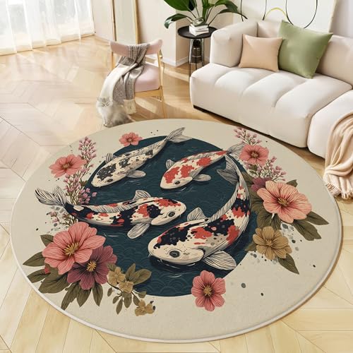 Koi Teppich Rund 140 cm Einfaches Design rutschfest Teppiche Wohnzimmer Runder Waschbar Teppiche Kurzflor Weich Runder Teppich Beige for Wohnzimmer Schlafzimmer Studie Heimbüro von Generic