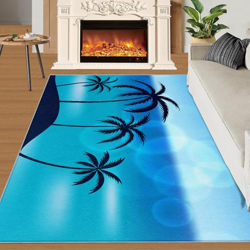 Kokosnussbaum-Silhouette Teppich Blaues Meer Kinderteppiche Modernes Blau 70x120 Rug Kokosnussbaum Vorleger Rutschfester Teppich Für Stark Frequentierte Bereiche von BEQUTIY