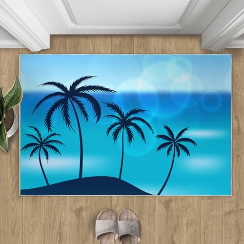 Kokosnussbaum-Silhouette Teppich Blaues Meer Kleine Teppiche Modernes Blau 50x80 Rug Kokosnussbaum Vorleger Rutschfester Teppich Für Stark Frequentierte Bereiche von BEQUTIY