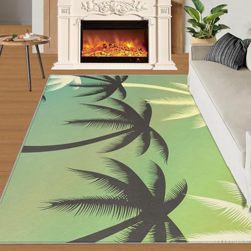Kokosnussbaum-Silhouette Teppich Naturpflanze Blatt-Silhouette Wohnzimmerteppiche Modernes Grün 160x230 Rug Kokosnussbaum Vorleger Rutschfester Teppich Für Stark Frequentierte Bereiche von BEQUTIY