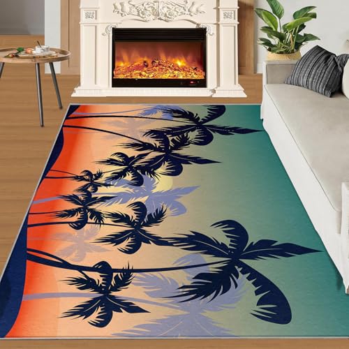 Kokosnussbaum-Silhouette Teppich Naturpflanze Wohnzimmerteppiche Modernes Rot-Grün 180x270 Rug Kokosnussbaum Vorleger Rutschfester Teppich Für Stark Frequentierte Bereiche von BEQUTIY
