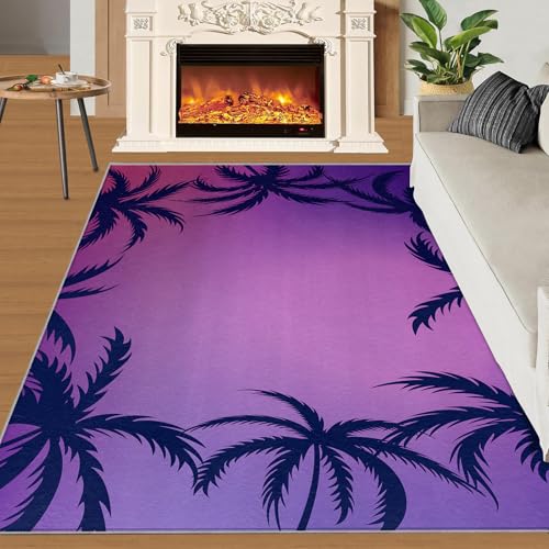 Kokosnussbaum-Silhouette Teppich Tropische Pflanze Schlafzimmerteppiche Modernes Lila 80x150 Rug Lila Vorleger Rutschfester Teppich Für Stark Frequentierte Bereiche von BEQUTIY