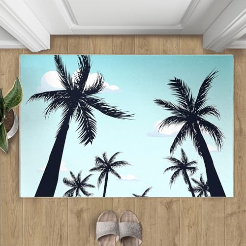 Kokosnussbaum Teppich Blauer Himmel Und Weiße Wolken Kleine Teppiche Tropische Pflanze 50x80 Rug Kokosnussbaum Pflanze Vorleger Rutschfester Teppich Für Stark Frequentierte Bereiche von BEQUTIY