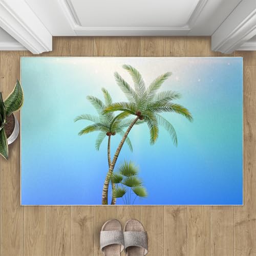 Kokosnussbaum Teppich Meeresstrandpflanze Kleine Teppiche Minimalistisches Blau 50x80 Rug Kokosnussbaumpflanze Vorleger Rutschfester Teppich Für Stark Frequentierte Bereiche von BEQUTIY