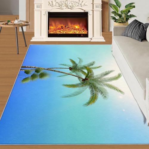 Kokosnussbaum Teppich Meeresstrandpflanze Kleine Teppiche Minimalistisches Blau 60x90 Rug Kokosnussbaumpflanze Vorleger Rutschfester Teppich Für Stark Frequentierte Bereiche von BEQUTIY