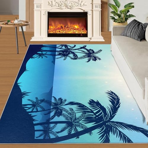 Kokosnussbaum Teppich Naturpflanze Schlafzimmerteppiche Wunderschönes Blaues Meer 150x240 Rug Kokosnussbaum Blau Vorleger Rutschfester Teppich Für Stark Frequentierte Bereiche von BEQUTIY